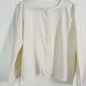 Ivory Floral Beaded Cardigan Sweater Medium Cotton Blend